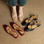 Women's Leather High Heels - Closed Toe Block Heel Shoes