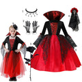 Girl wearing red and black vampire gothic dress with choker, gloves and veil