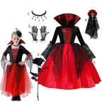 Girl wearing red and black vampire gothic dress with choker, gloves and veil