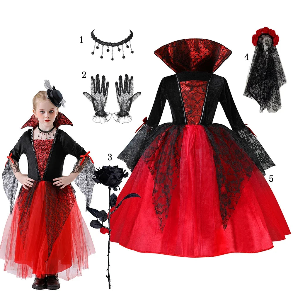Girl wearing red and black vampire gothic dress with choker, gloves and veil