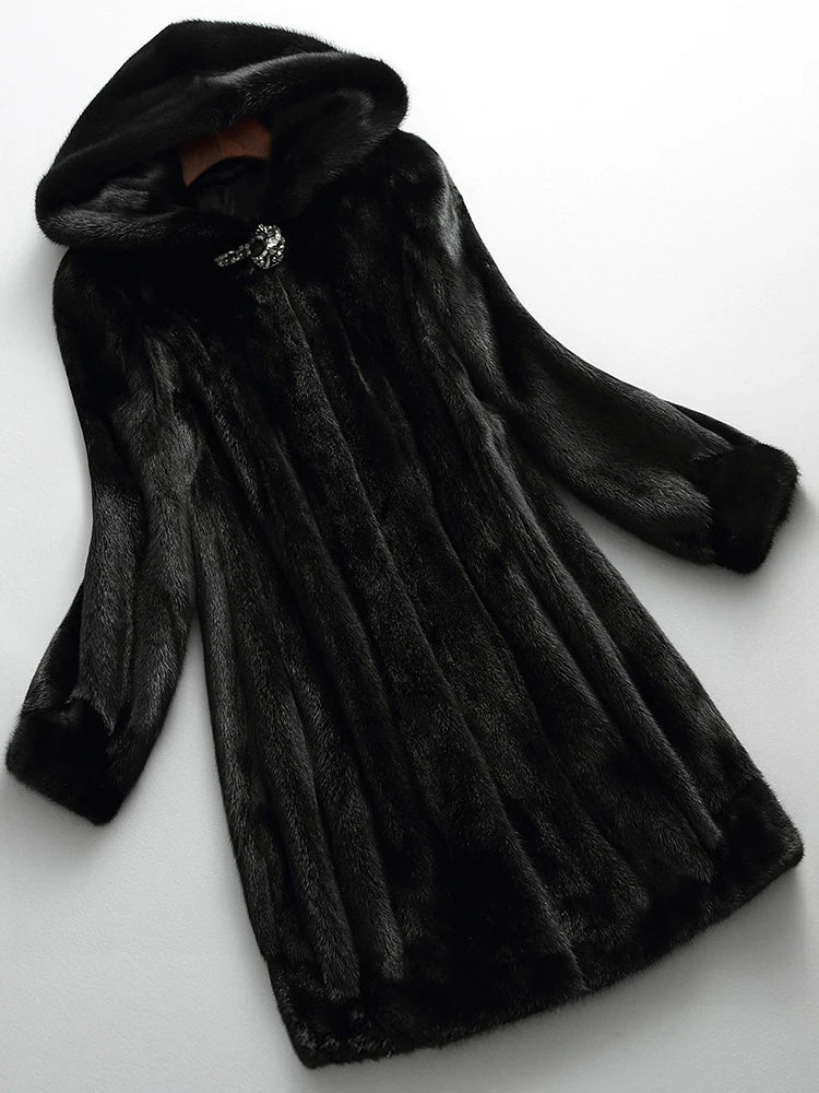 Women's Faux Fur Coat with Fur-Lined Hood, Long Length