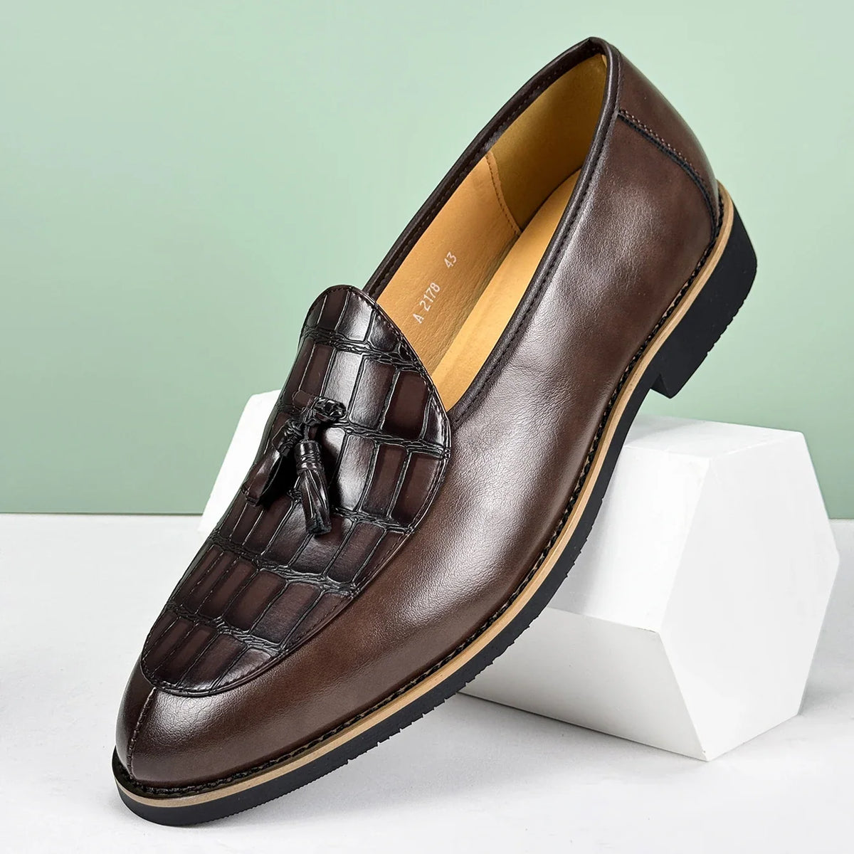Men's Leather Tassel Loafer with Croc-Embossed Vamp