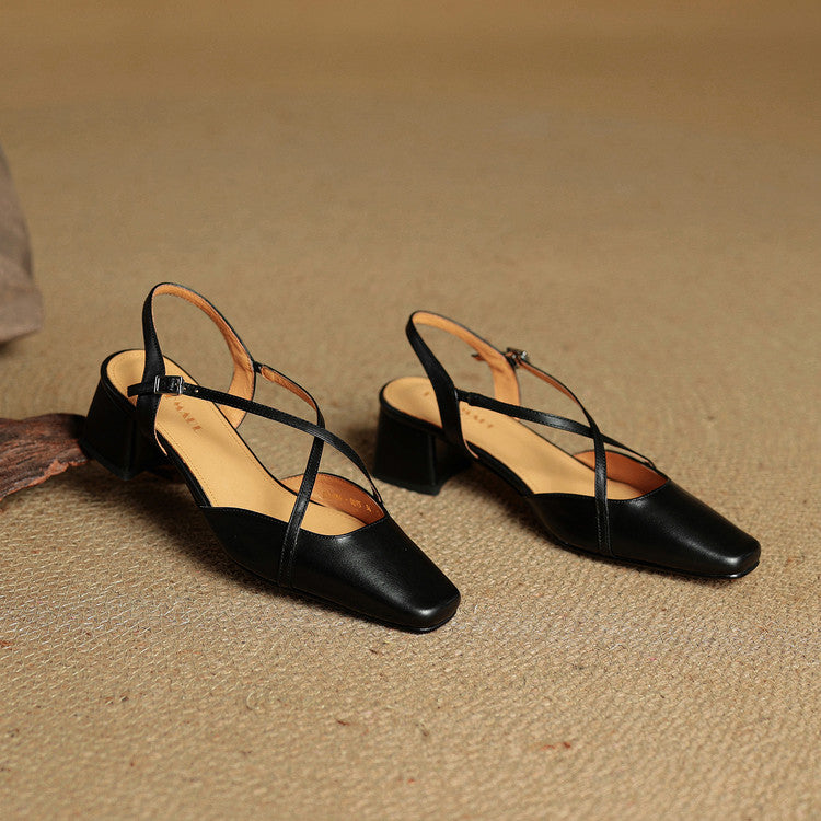 Women's Leather High Heels - Closed Toe Block Heel Shoes