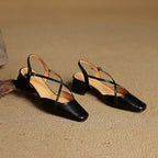 Women's Leather High Heels - Closed Toe Block Heel Shoes