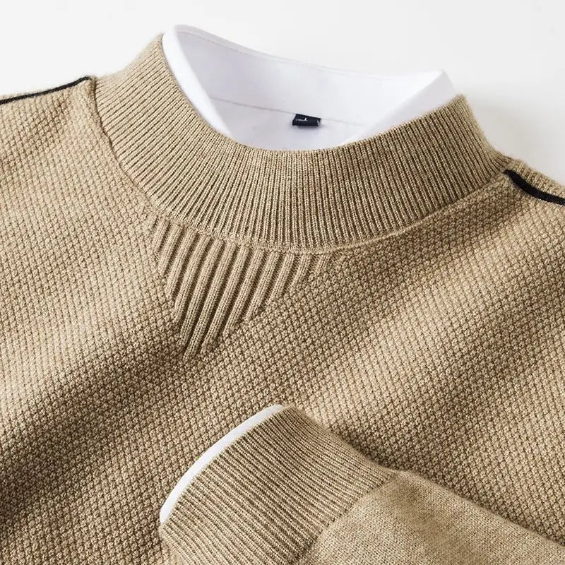 Men's Waffle-Knit Sweater with Ribbed Cuffs and Collar