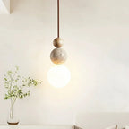 Spherical Pendant Light, Minimalist Design with Travertine and Wood Detail