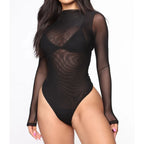 Women's Long Sleeve Mesh Bodysuit with High Neck, Sheer Nude Second-Skin Fit