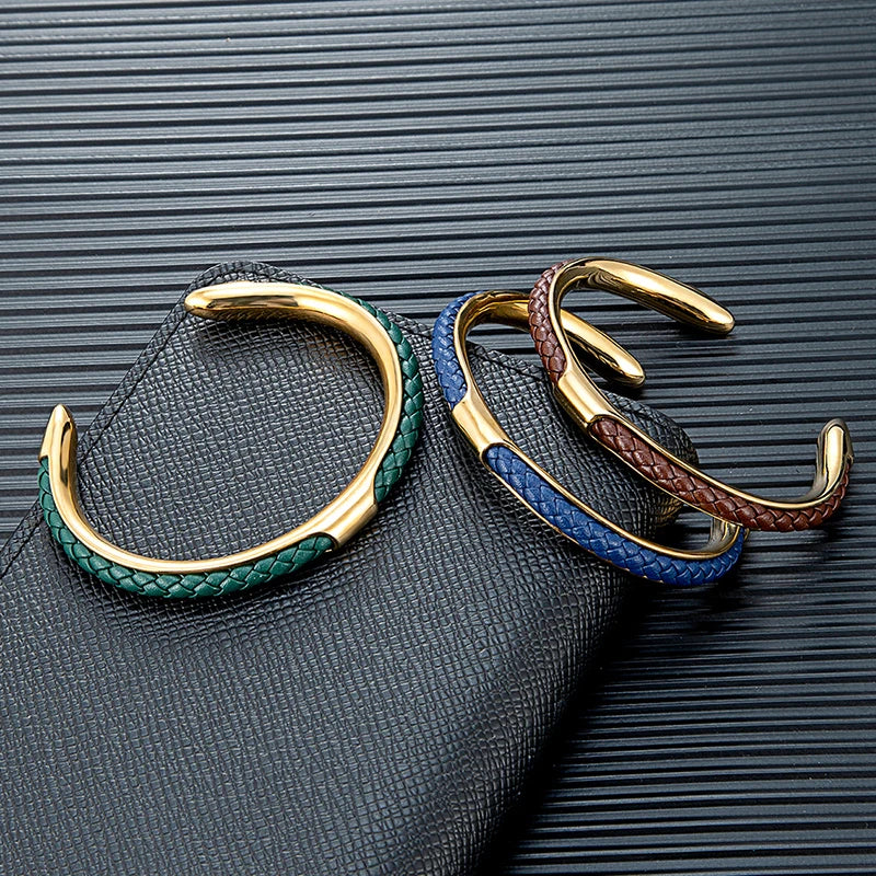 Men's Braided Leather Cuff Bracelet with Stainless Steel Clasp