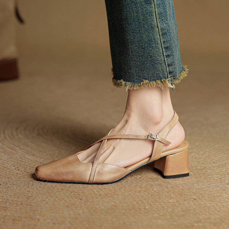 Women's Leather High Heels - Closed Toe Block Heel Shoes