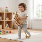 Toddler pushing a light brown plush stick horse toy on wooden wheels