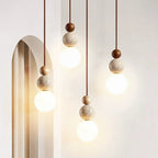 Spherical Pendant Light, Minimalist Design with Travertine and Wood Detail