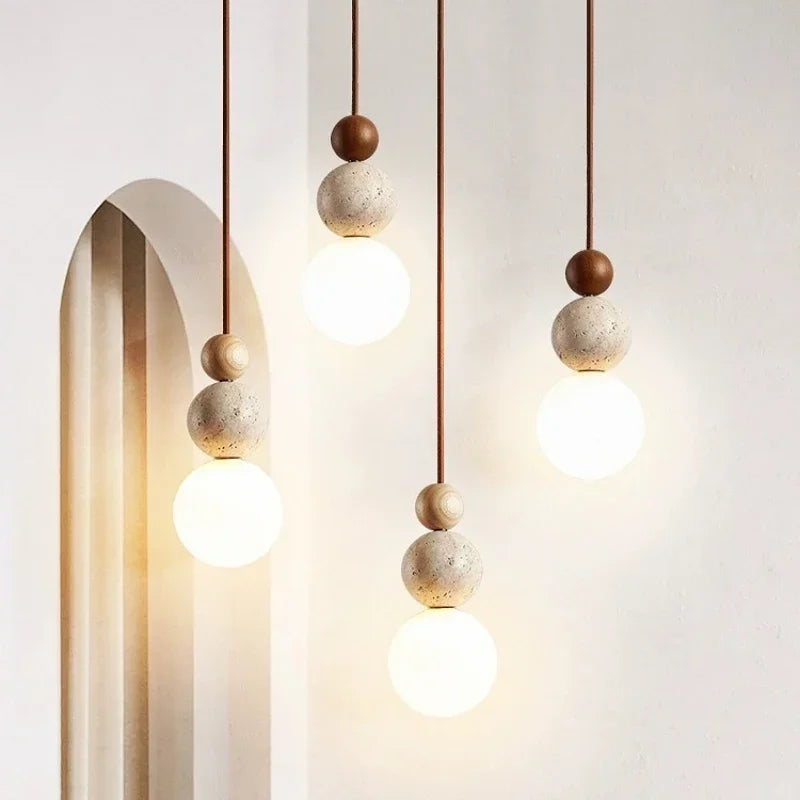 Spherical Pendant Light, Minimalist Design with Travertine and Wood Detail