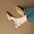 Women's Leather High Heels - Closed Toe Block Heel Shoes