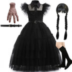 Wednesday Addams costume with braided wig, prop hand and knee socks bundle