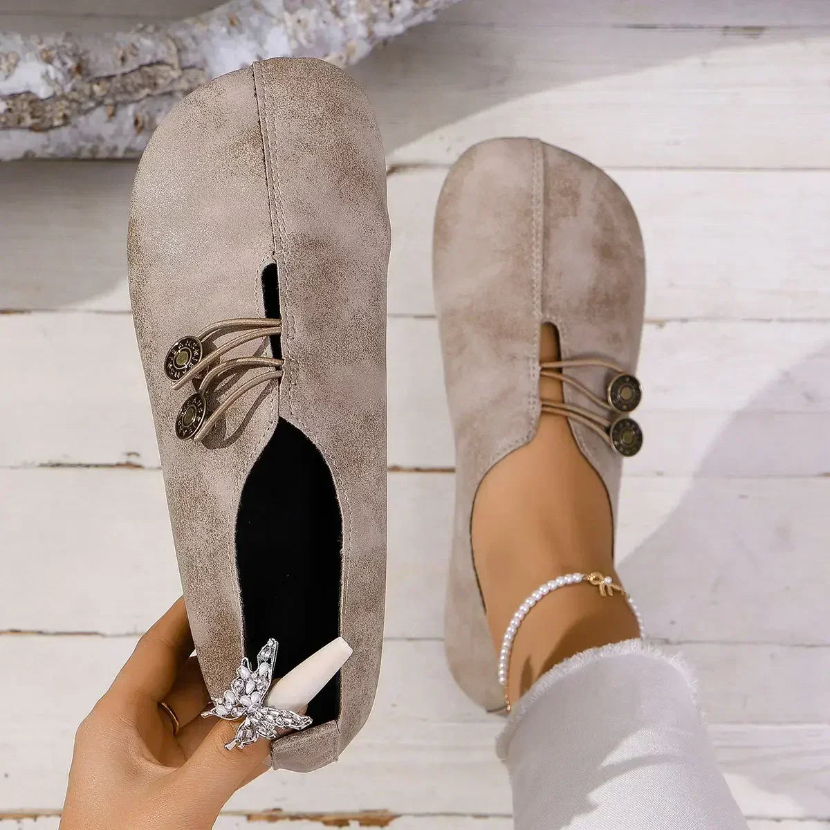 Women's Soft Suede Loafers - Elastic Button Fit