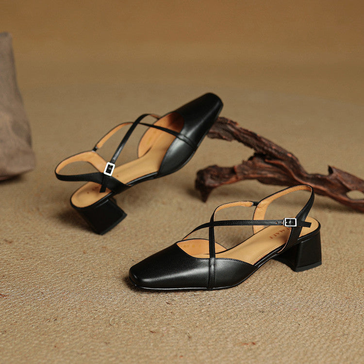 Women's Leather High Heels - Closed Toe Block Heel Shoes