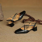 Women's Leather High Heels - Closed Toe Block Heel Shoes
