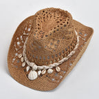 Women's Woven Sun Hat with Shell Accent Band – Open Weave Straw Hat