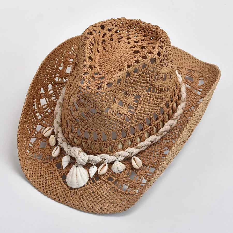 Women's Woven Sun Hat with Shell Accent Band – Open Weave Straw Hat