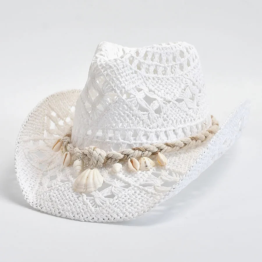 Women's Woven Sun Hat with Shell Accent Band – Open Weave Straw Hat