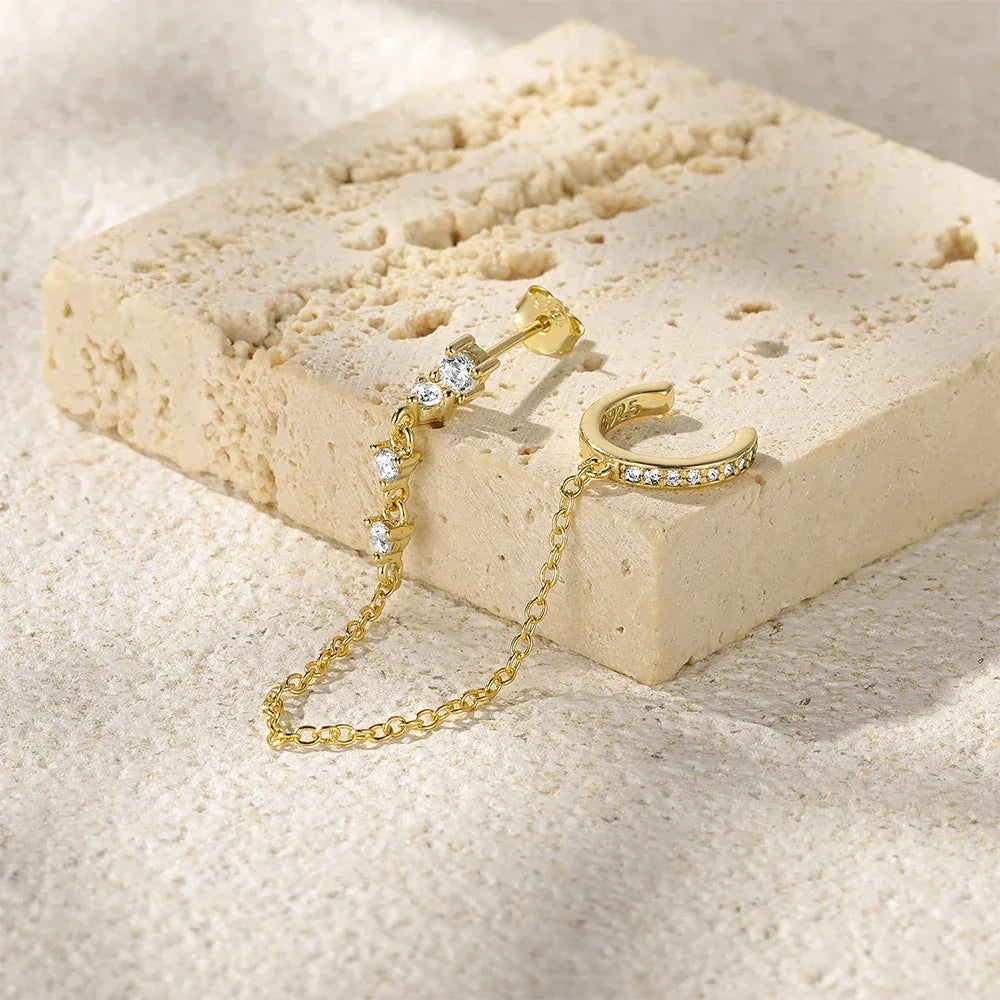 Women's Chain Cuff Earrings with Diamond Accents - Gold-Plated Sterling Silver