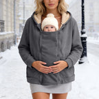 Charcoal grey plush zip-up babywearing fleece sweatshirt coat, front view with baby in pouch