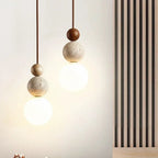 Spherical Pendant Light, Minimalist Design with Travertine and Wood Detail