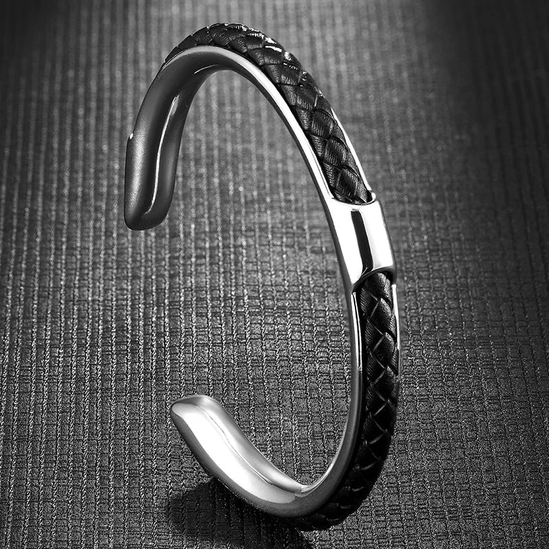 Men's Braided Leather Cuff Bracelet with Stainless Steel Clasp