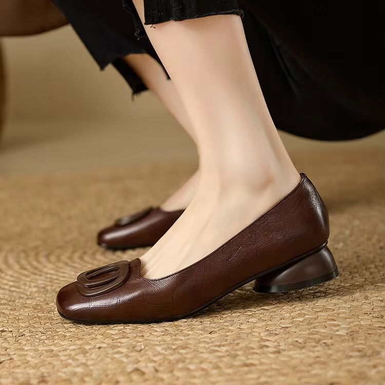 Women's Leather Loafers Square Toe Low Block Heel with Hardware Detail