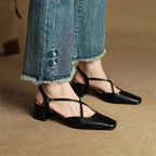 Women's Leather High Heels - Closed Toe Block Heel Shoes