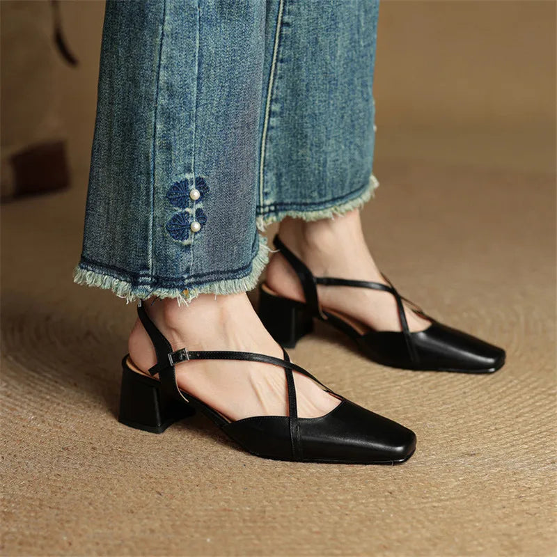 Women's Leather High Heels - Closed Toe Block Heel Shoes
