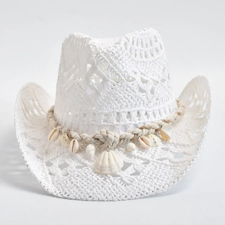 Women's Woven Sun Hat with Shell Accent Band – Open Weave Straw Hat