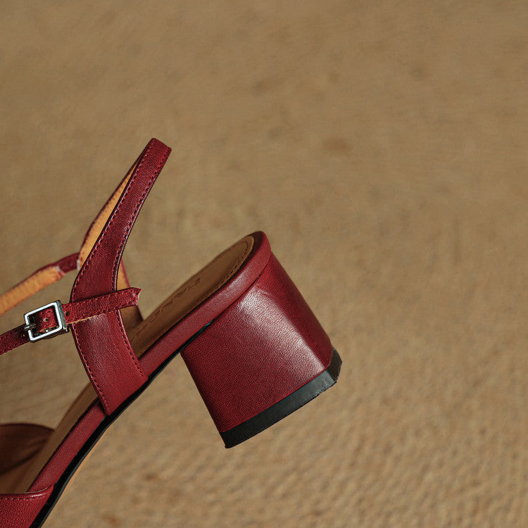 Women's Leather High Heels - Closed Toe Block Heel Shoes