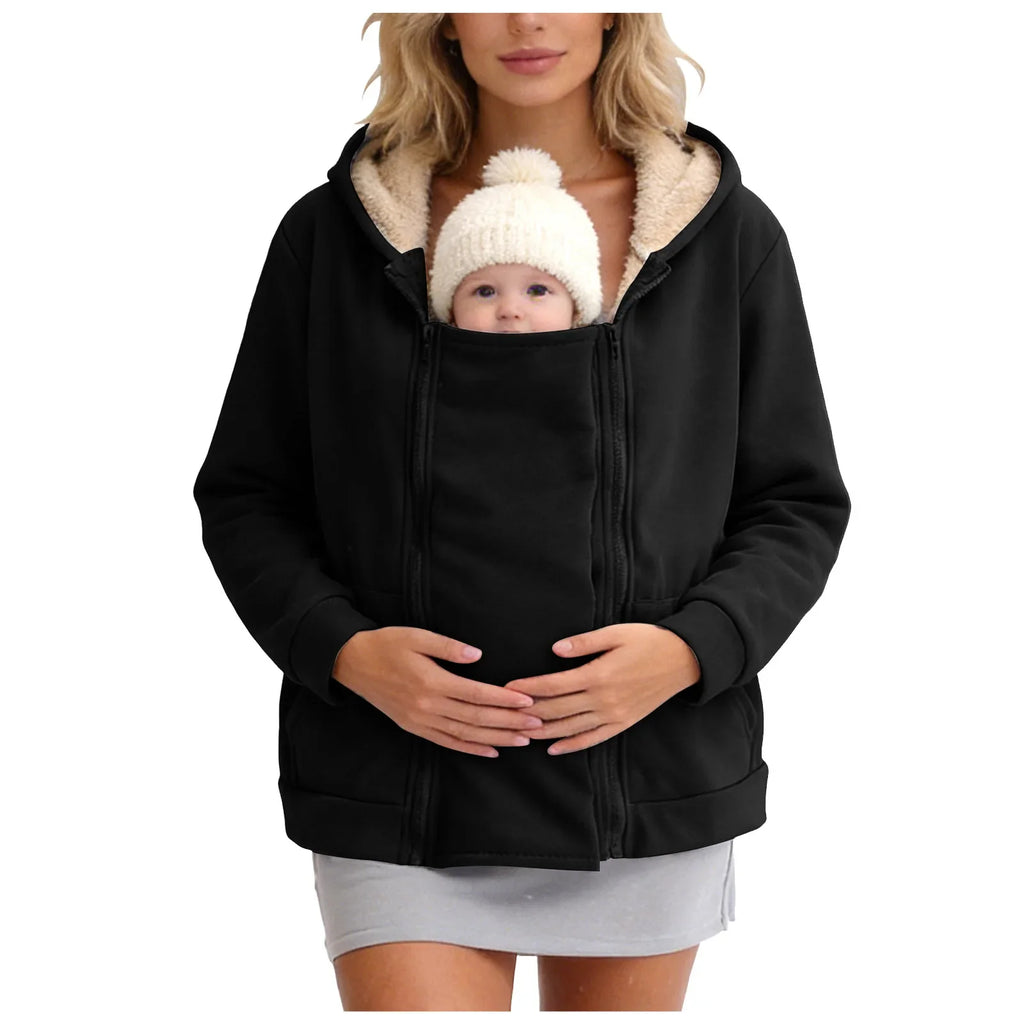 Grey plush zip-up babywearing fleece sweatshirt coat, front view with baby in pouch