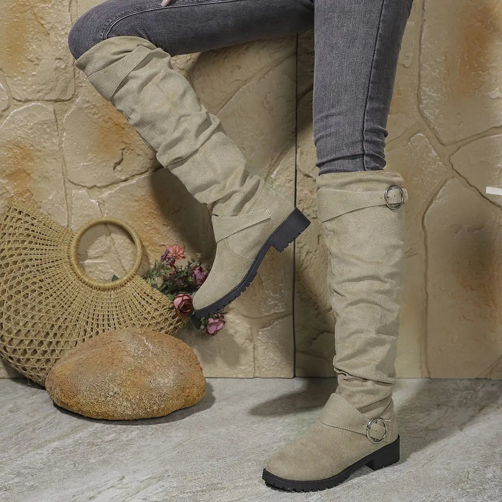Women's Knee High Boots with Buckle Detail and Block Sole
