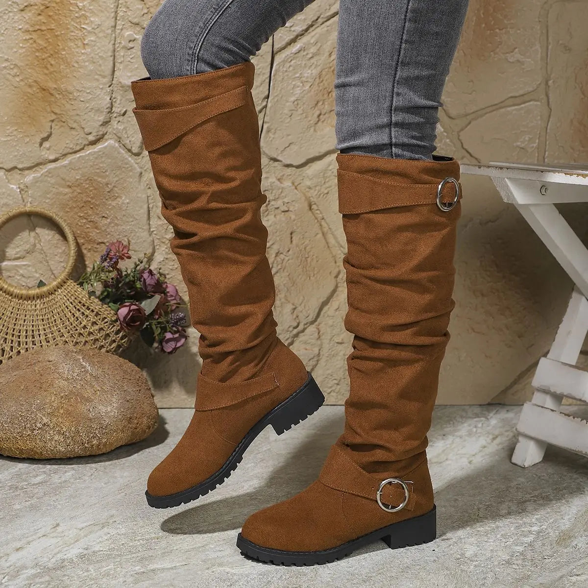 Women's Knee High Boots with Buckle Detail and Block Sole