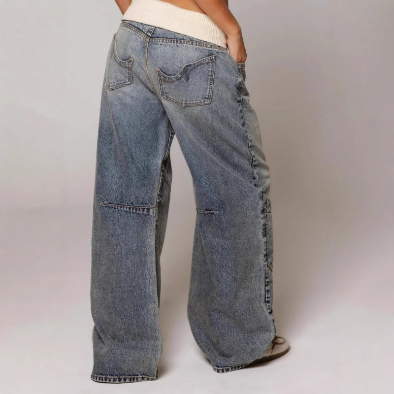 Women's Baggy Wide-Leg Jeans – Stretch Denim with Ribbed Waistband