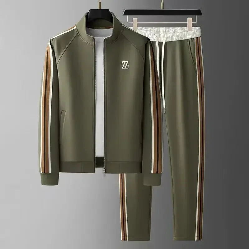 Men's Tracksuit with Faux Leather Trim – Cotton Blend Zip-Up Set