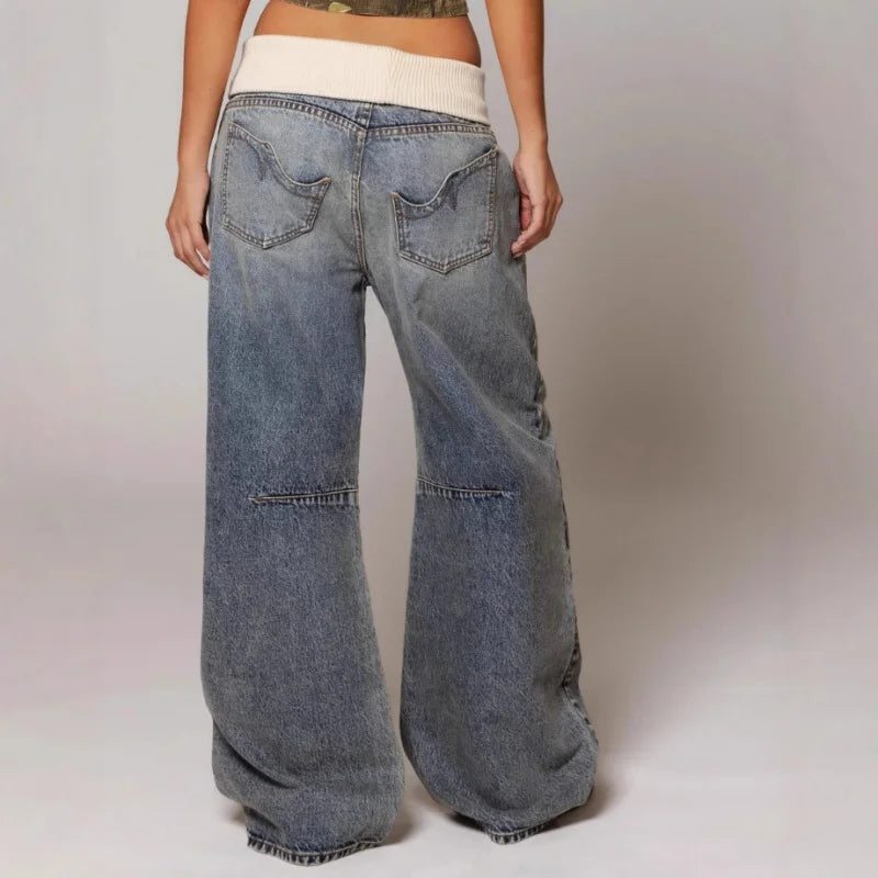 Women's Baggy Wide-Leg Jeans – Stretch Denim with Ribbed Waistband