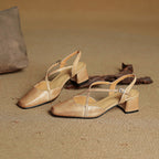 Women's Leather High Heels - Closed Toe Block Heel Shoes