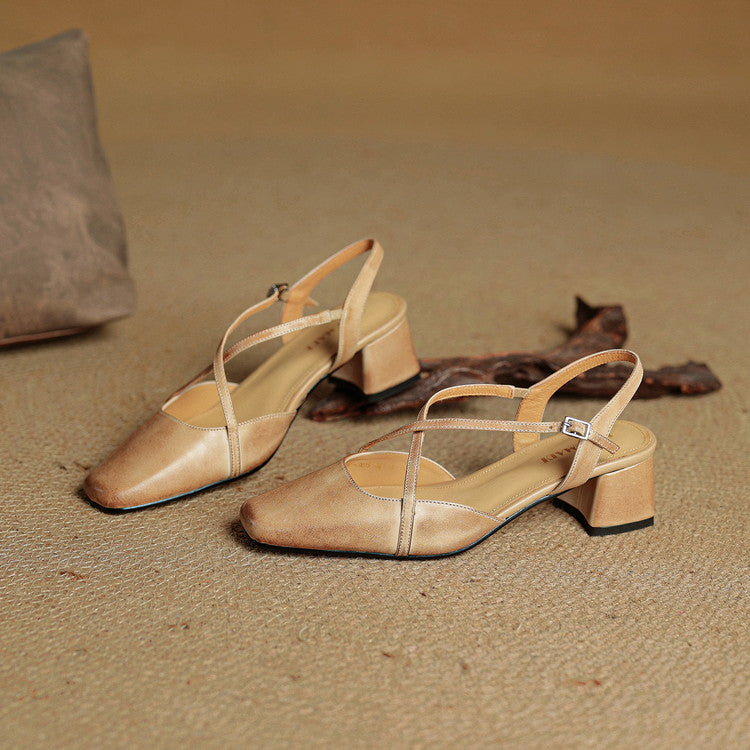 Women's Leather High Heels - Closed Toe Block Heel Shoes