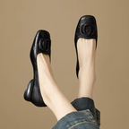 Women's Leather Loafers Square Toe Low Block Heel with Hardware Detail
