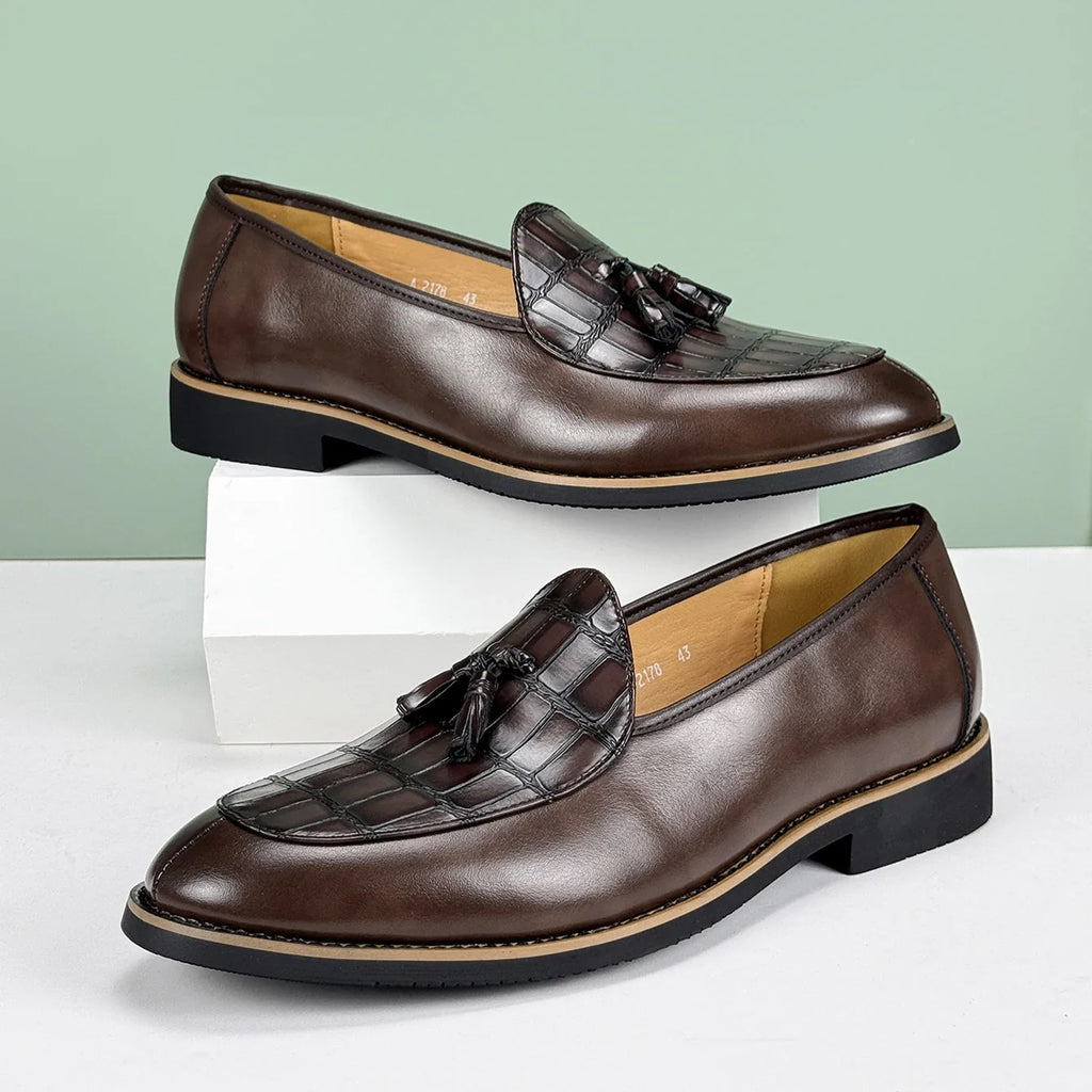 Men's Leather Tassel Loafer with Croc-Embossed Vamp