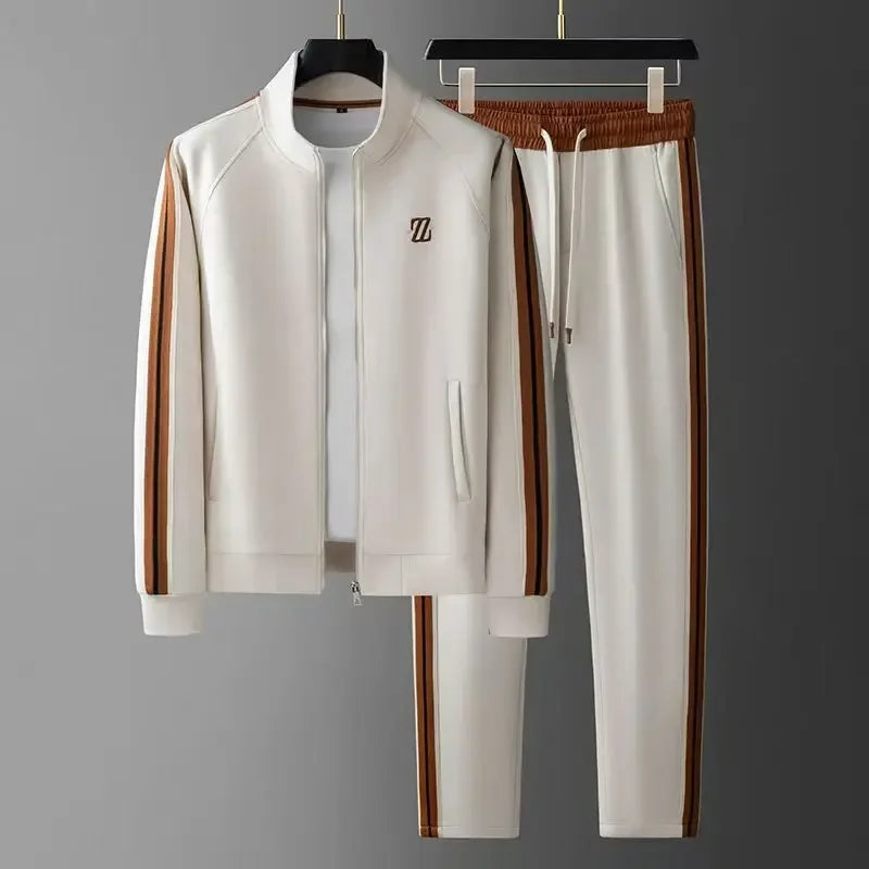 Men's Tracksuit with Faux Leather Trim – Cotton Blend Zip-Up Set