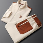 Men's Tracksuit with Faux Leather Trim – Cotton Blend Zip-Up Set