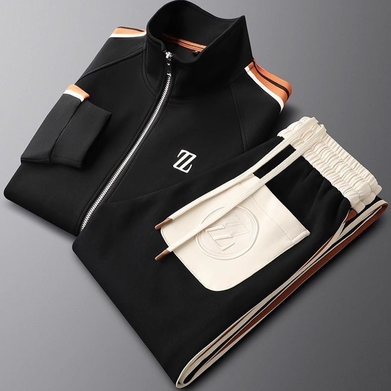 Men's Tracksuit with Faux Leather Trim – Cotton Blend Zip-Up Set
