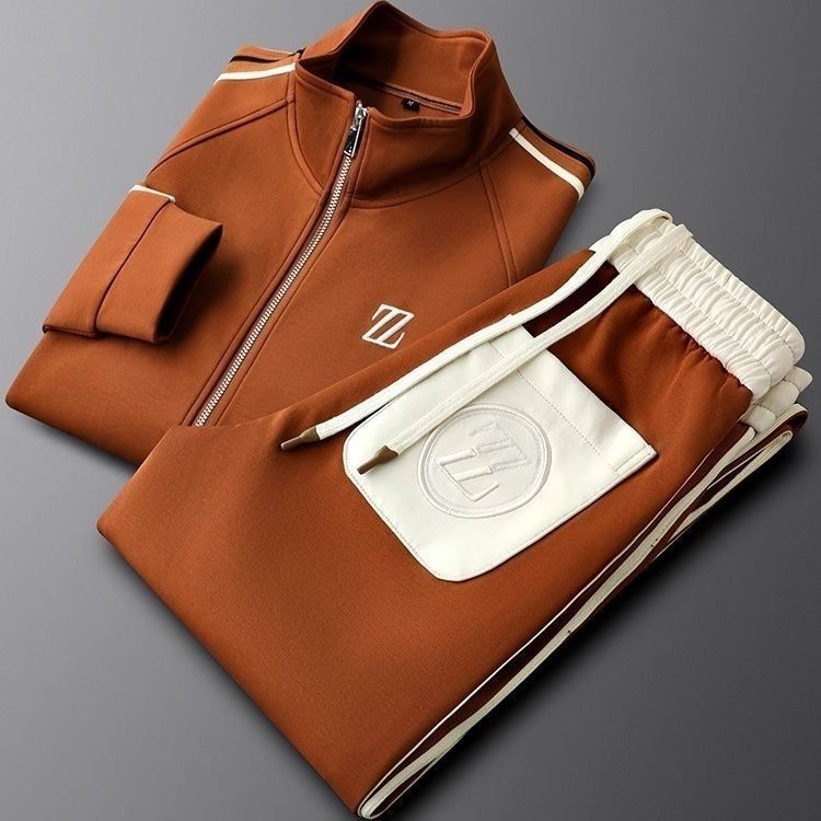 Men's Tracksuit with Faux Leather Trim – Cotton Blend Zip-Up Set