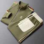 Men's Tracksuit with Faux Leather Trim – Cotton Blend Zip-Up Set