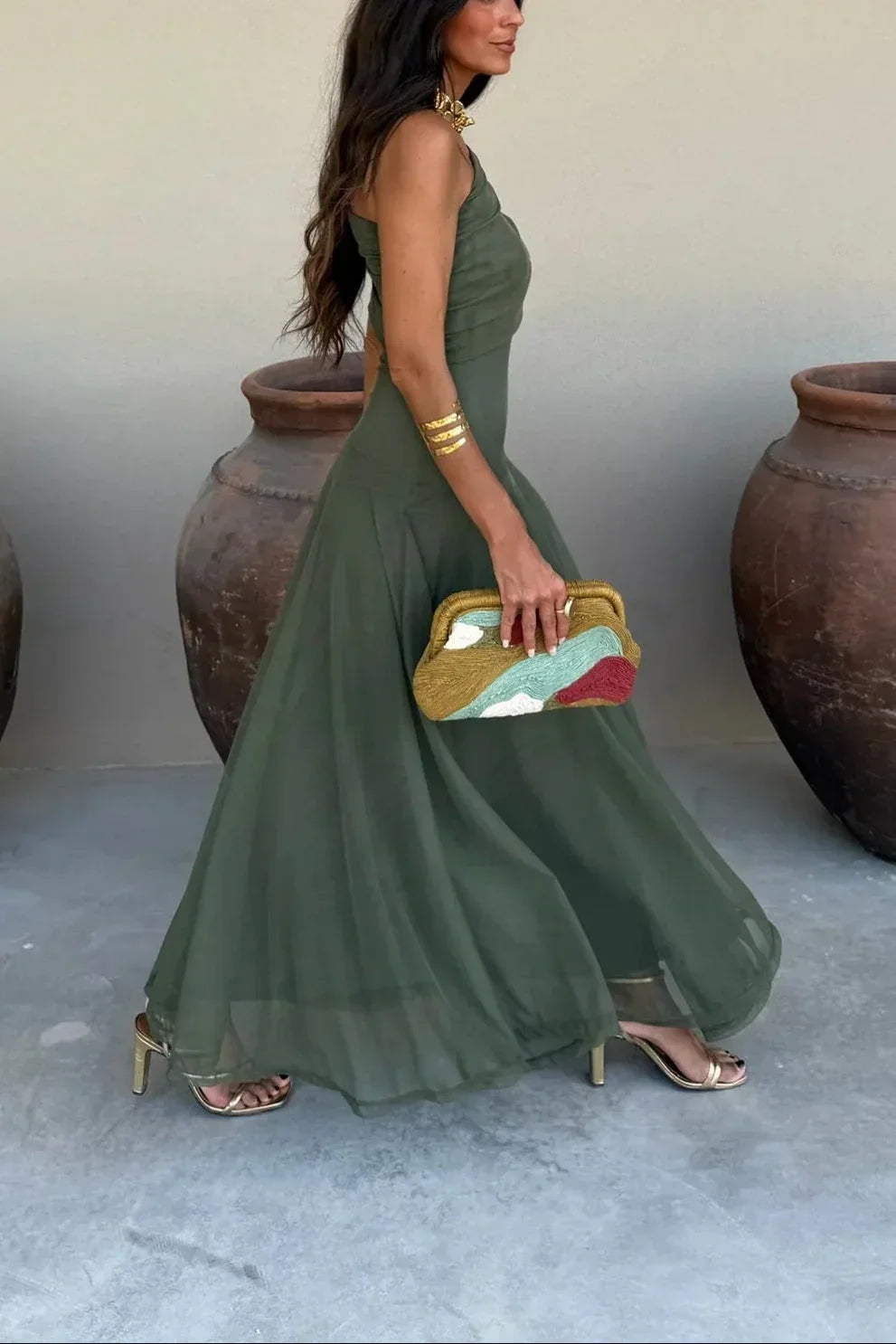 Women's One-Shoulder Maxi Dress with Draped Fluid Fabric