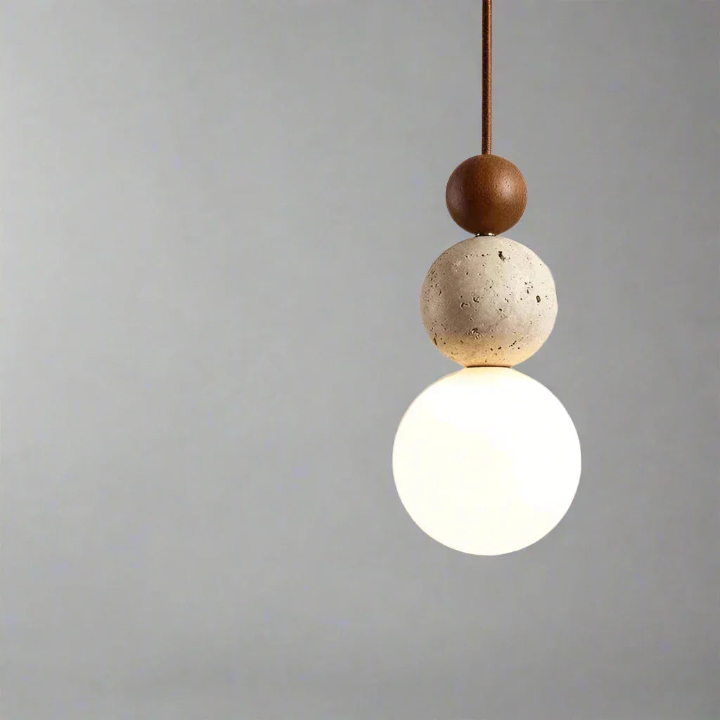 Spherical Pendant Light, Minimalist Design with Travertine and Wood Detail
